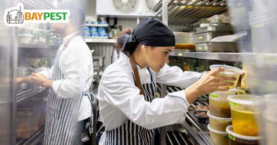 Cooks working at a restaurant and looking for ingredients in the pantry